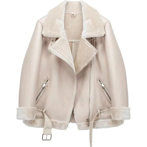 Jackets & Blazers - Women Shearing Beige Faux Shearling Moto Jacket Thick Lined Winter Leather Coat